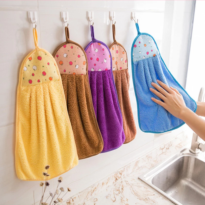 Premium Coral Fleece Microfiber Hanging Hand Towel - Super Absorbent Quick-Dry Kitchen & Bathroom Cleaning Cloth - Ultra Soft Thick Reusable Wipes