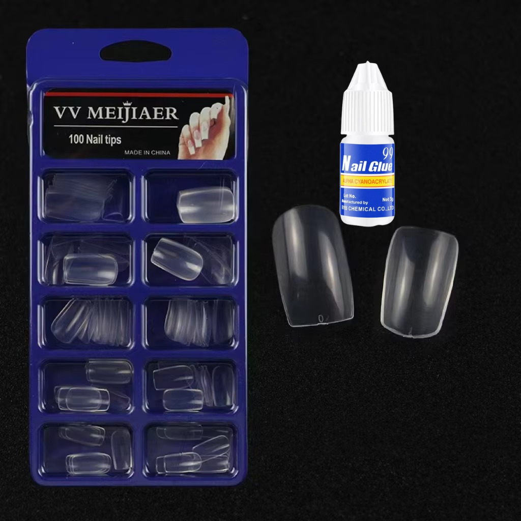 100 Pcs Coffin & Almond False Nails Set - Full Cover Acrylic Extensions with Glue & Box