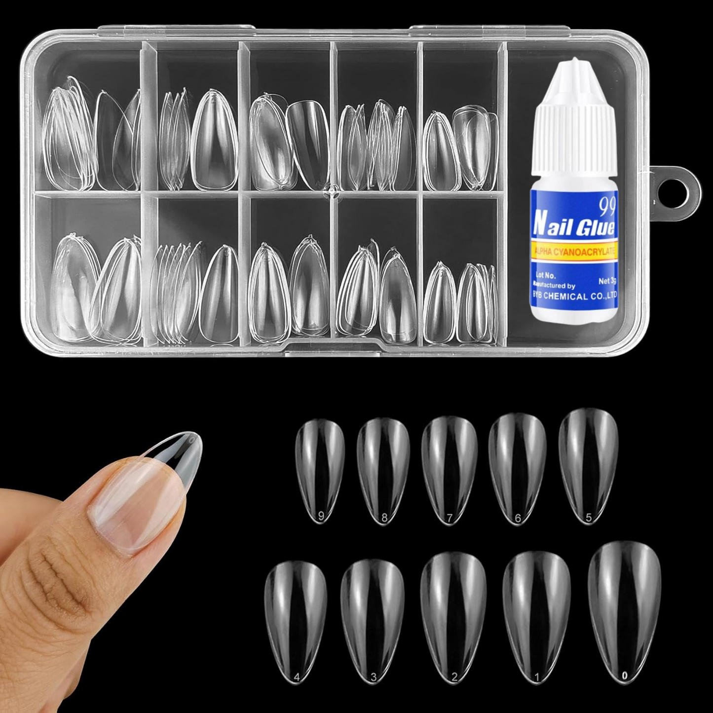100 Pcs Coffin & Almond False Nails Set - Full Cover Acrylic Extensions with Glue & Box