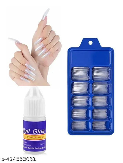 100 Pcs Coffin & Almond False Nails Set - Full Cover Acrylic Extensions with Glue & Box