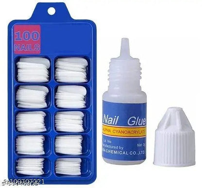 100 Pcs Coffin & Almond False Nails Set - Full Cover Acrylic Extensions with Glue & Box