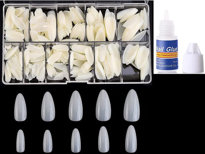 100 Pcs Coffin & Almond False Nails Set - Full Cover Acrylic Extensions with Glue & Box