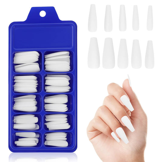 100 Pcs Coffin & Almond False Nails Set - Full Cover Acrylic Extensions with Glue & Box
