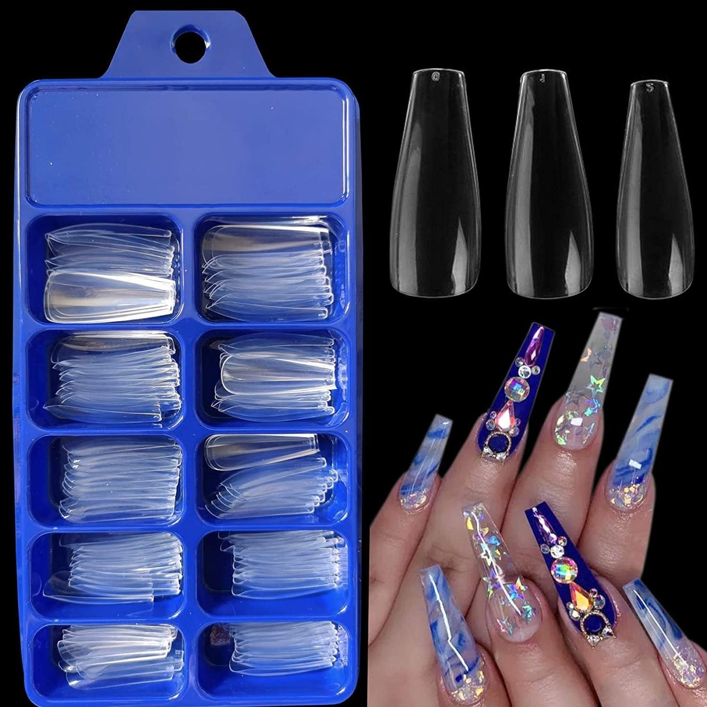 100 Pcs Coffin & Almond False Nails Set - Full Cover Acrylic Extensions with Glue & Box