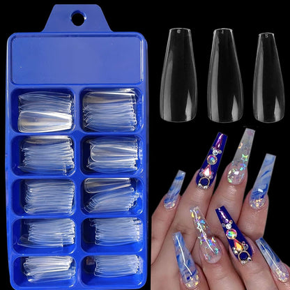 100 Pcs Coffin & Almond False Nails Set - Full Cover Acrylic Extensions with Glue & Box