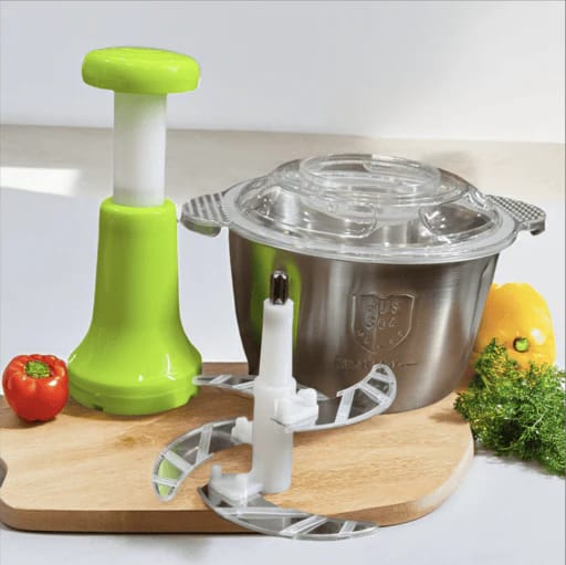 2L Heavy Duty Manual Stainless Steel Vegetable Chopper & Meat Grinder - Hand Press Food Processor (SUS 304 Grade)