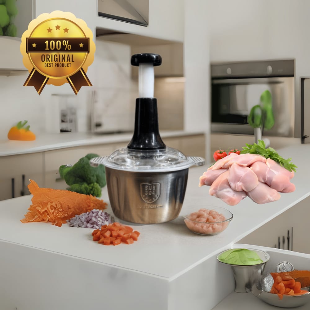 2L Heavy Duty Manual Stainless Steel Vegetable Chopper & Meat Grinder - Hand Press Food Processor (SUS 304 Grade)