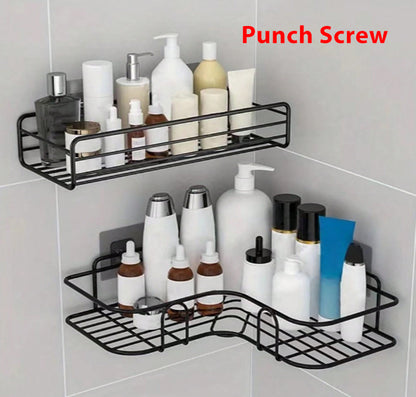 Set of 2 Multi-Functional Wall Mounted Storage Racks - No-Drill Adhesive Bathroom & Kitchen Organizer for Shampoo, Spices, and Accessories
