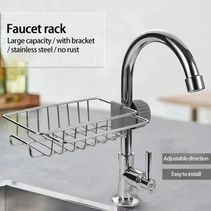 Premium Stainless Steel Sponge Holder for Kitchen Sink - Adjustable Faucet Rack & Sink Caddy Organizer - Rust-Resistant Soap Drainer & Bathroom Storage