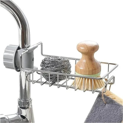 Premium Stainless Steel Sponge Holder for Kitchen Sink - Adjustable Faucet Rack & Sink Caddy Organizer - Rust-Resistant Soap Drainer & Bathroom Storage