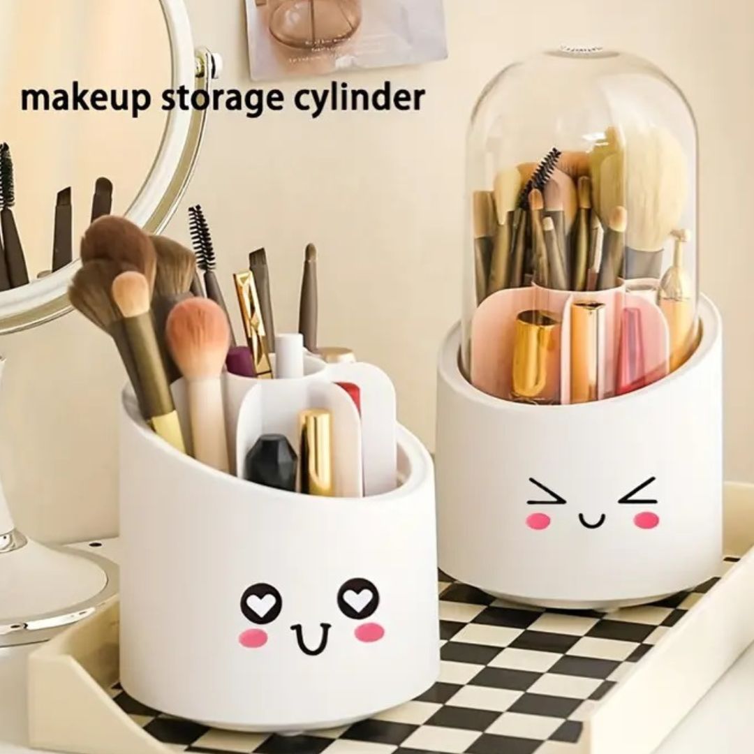 360 Rotating Acrylic Makeup Organizer with Mirror & Dustproof Brush Holder - Clear Cosmetic Storage Box & Lipstick Tray
