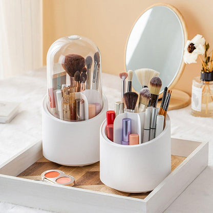 360 Rotating Acrylic Makeup Organizer with Mirror & Dustproof Brush Holder - Clear Cosmetic Storage Box & Lipstick Tray