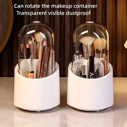 360 Rotating Acrylic Makeup Organizer with Mirror & Dustproof Brush Holder - Clear Cosmetic Storage Box & Lipstick Tray