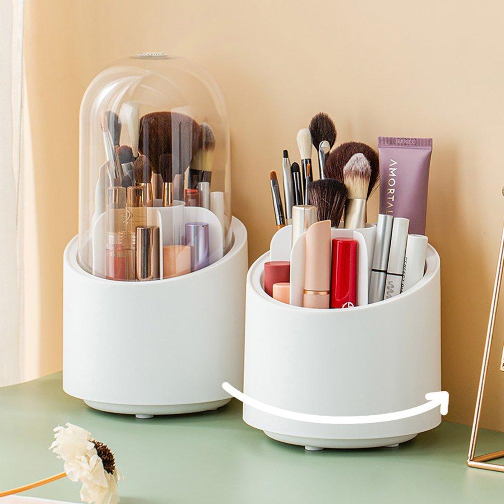 360 Rotating Acrylic Makeup Organizer with Mirror & Dustproof Brush Holder - Clear Cosmetic Storage Box & Lipstick Tray