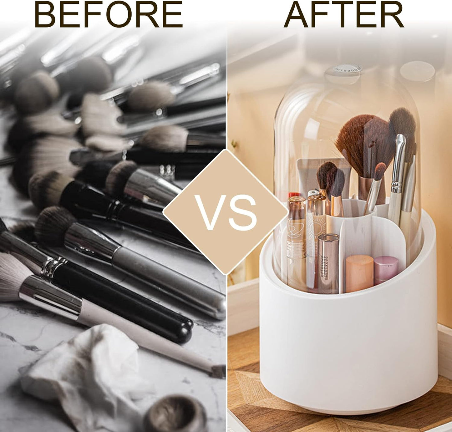 360 Rotating Acrylic Makeup Organizer with Mirror & Dustproof Brush Holder - Clear Cosmetic Storage Box & Lipstick Tray
