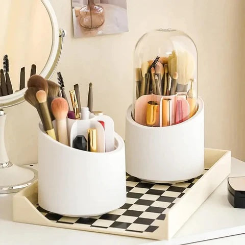 360 Rotating Acrylic Makeup Organizer with Mirror & Dustproof Brush Holder - Clear Cosmetic Storage Box & Lipstick Tray