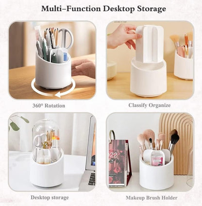 360 Rotating Acrylic Makeup Organizer with Mirror & Dustproof Brush Holder - Clear Cosmetic Storage Box & Lipstick Tray