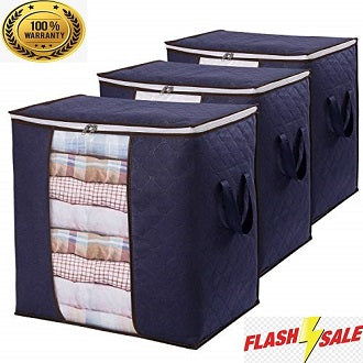 Pack of 3 Portable Bamboo Storage Bags - Foldable Wardrobe Organizer and Clothes Storage Box for Blankets